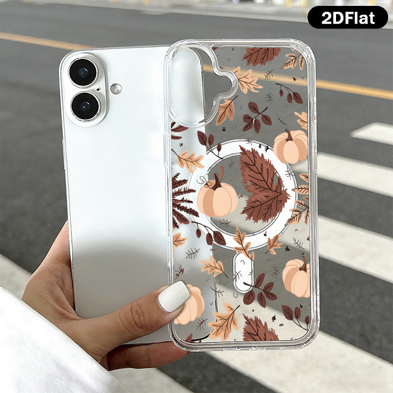 TEMU Phone Case - Fashion Minimalist Halloween Style Magnetic Phone Case For Iphone 18 Pro Max/18 Pro, 2d Flat Autumn Leaf And Pumpkin Dance Pattern