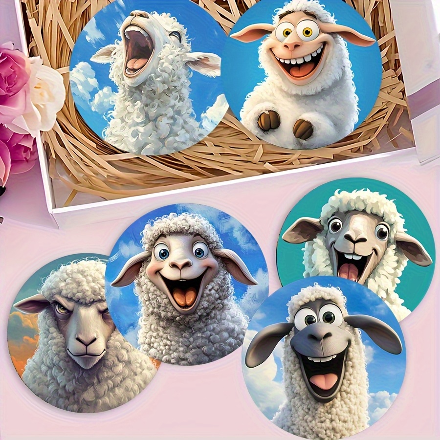 TEMU 6pcs Wooden Coaster Set With Fun Sheep , Suitable For Tea, Coffee, And Beverages, Home And Restaurant Decor, Holiday , A Gift For