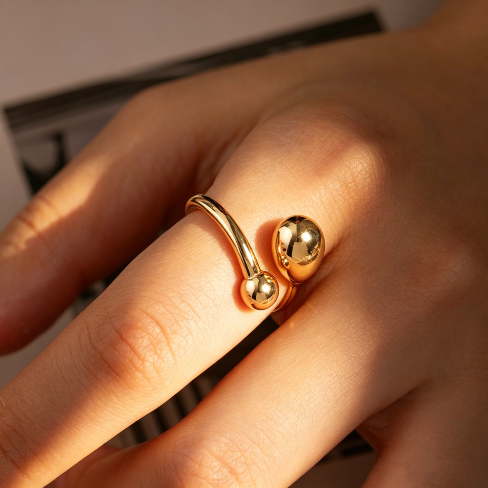 Women's Asymmetrical Copper Bead Open Ring, Smooth Finish