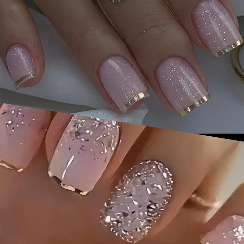 48pcs Short Square On Nails, French Tip With & Glitter, Sweet Simple Pink Fake Nail Tips, Suitable For Daily & Party Wear
