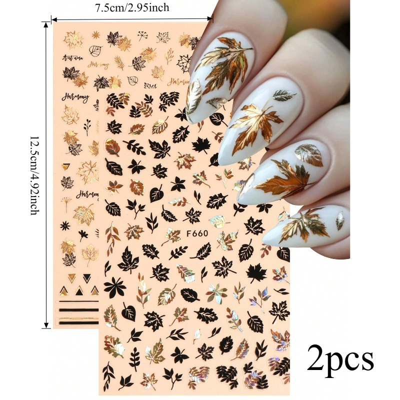Image of 2pcs 3d Fall Leaf Nail Stickers Shiny Golden And Self-adhesive Decals Autumn Thanksgiving Holiday And Casual Daily Manicure Nail Decoration