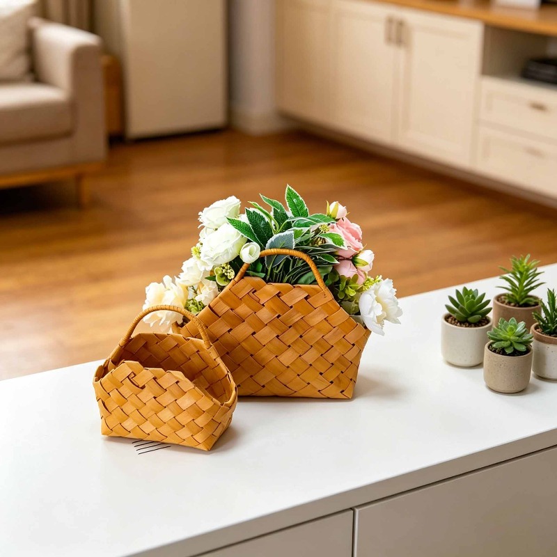 Hand-woven Bamboo Storage Basket, Bamboo Woven Gift Basket, Flower Basket with Sturdy Handle, Rustic Home Decor Tote Basket, Suitable for Wedding Party Favors, Home Kitchen Countertop Organizer, Living Room Shelf, Shelf Baskets