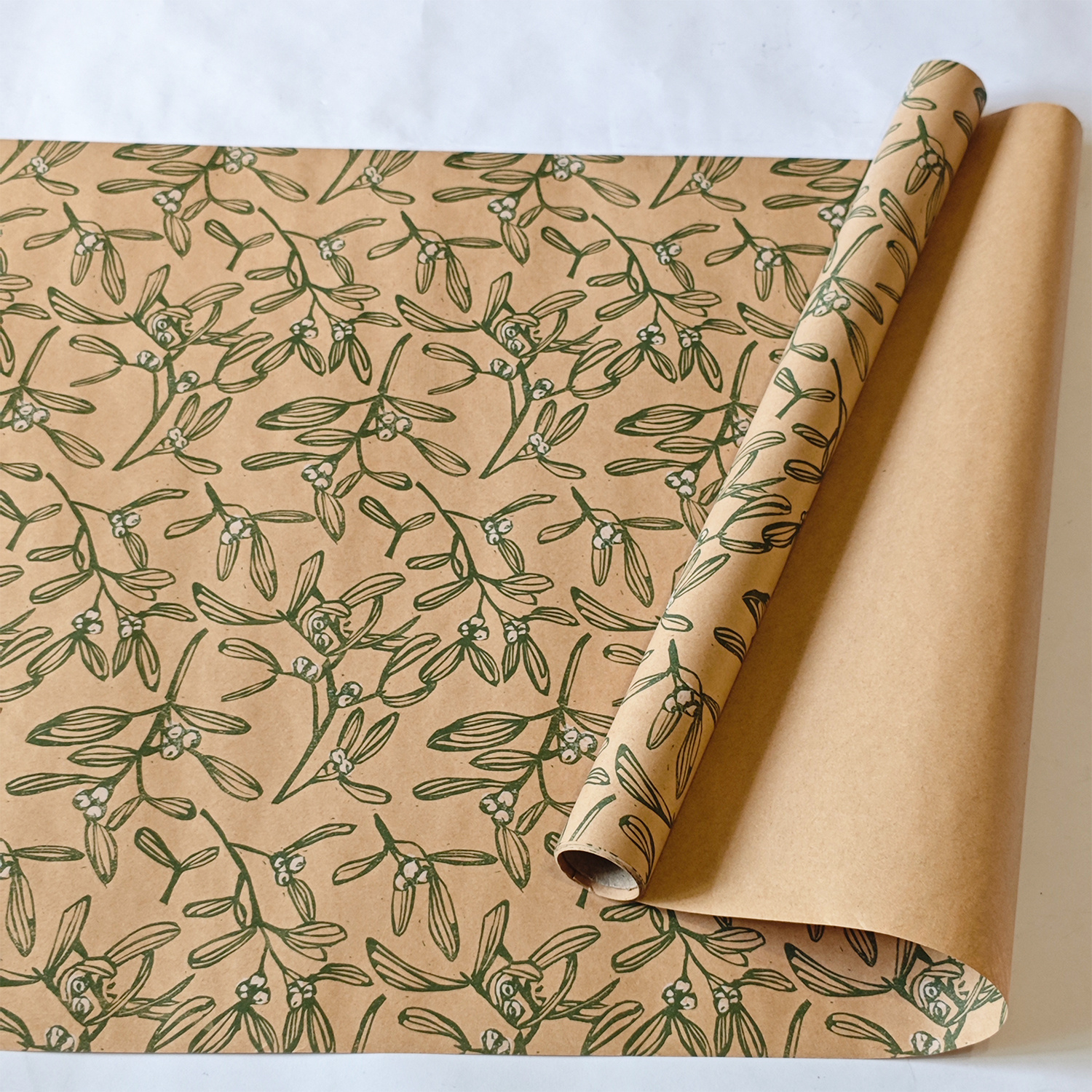 Image of Natural Rustic Style Christmas Wrapping Paper Roll - Light Brown Paper With Green Plant Patterns, Olive Green And Beige Gift Wrap, Perfect For Tying With Twine Bows, Bulk Size (17 Inches X 118 Inches)