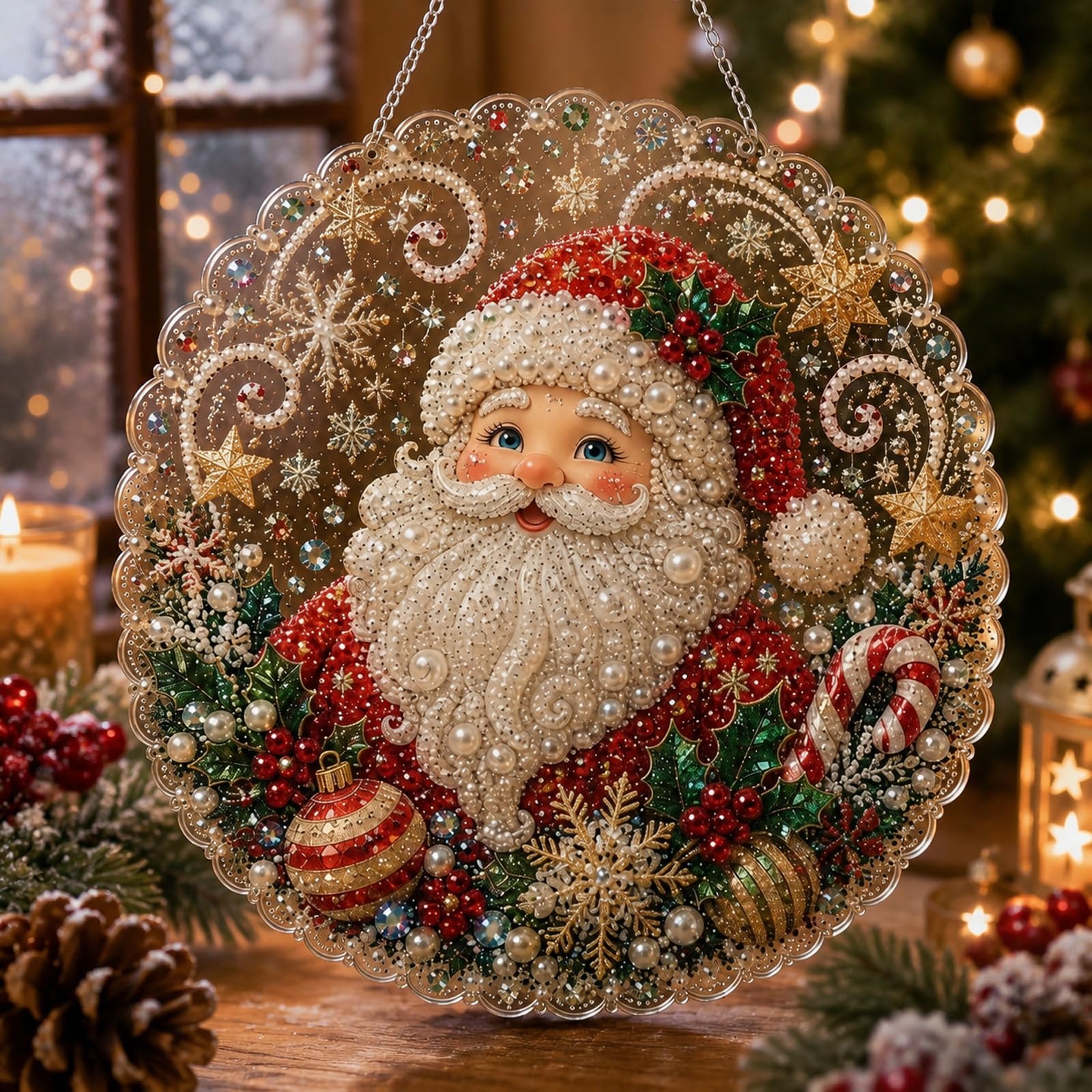 item picture christmas pearl diamond painting suncatcher kit craft pre assembled metal chain acrylic round board with lace edge 3d mixed sized pearl beads craft festive window wall decor