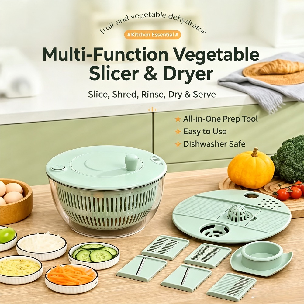 TEMU Multi-functional Vegetable Chopper Slicer Salad Spinner, 6 Interchangeable Salad Dryer Bowl, All In Veggie Cutter Dicer Washer For Fruit