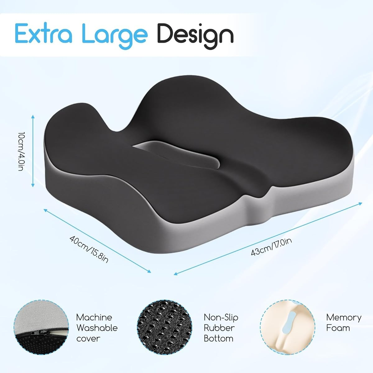 Image of Memory Foam Seat Cushion For Office Chair, Ergonomic Shape Hollow Support Structure, 43x40x10cm Thick, Breathable Non-slip Bottom, Removable Washable Cover For Home Office Long Sitting