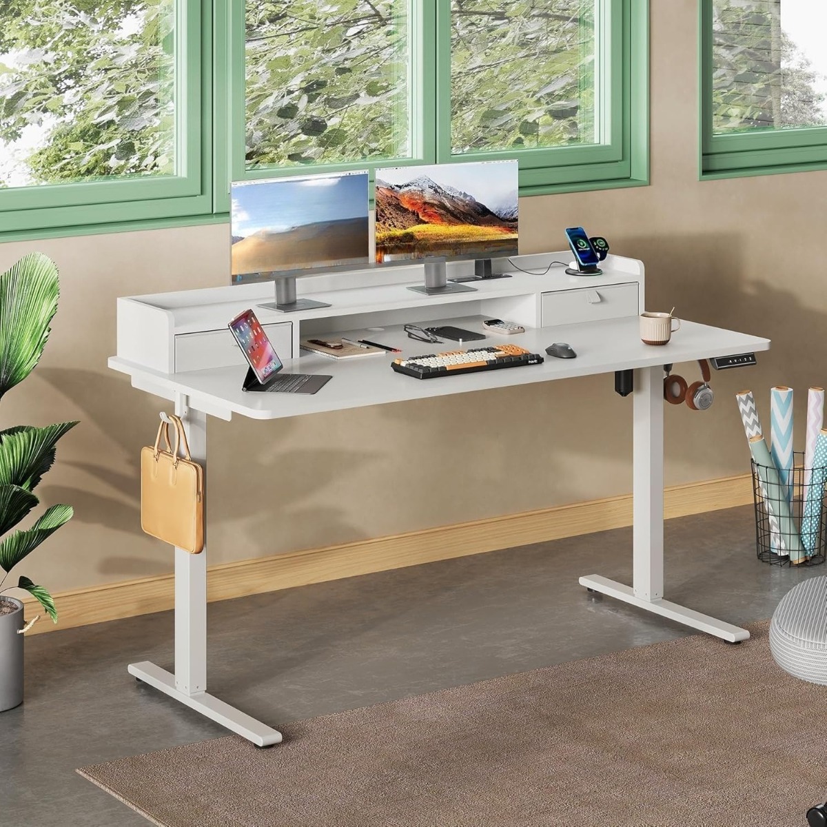 55×28 Inch Electric Standing Desk with Drawers | 3 Adjustable Height, Storage Shelf, Built-in USB Outlet, Memory Preset, Sit to Stand, Contemporary Style, White, Engineered Wood Top, Box Drawers, Floor Mount, by GALAXHERO