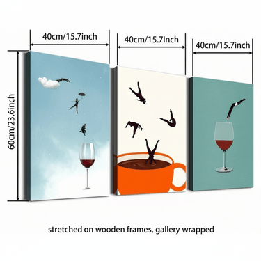 Juego de 3 piezas de arte de pared plano 2D, apto para hogar, oficina, cafetería - Impresión de buzo minimalista moderno en taza de café, decoración de lienzo envolvente con marco de madera, decoración multihabitación para dormitorio, cocina, sala de estar, residencia universitaria - Paleta neutra
