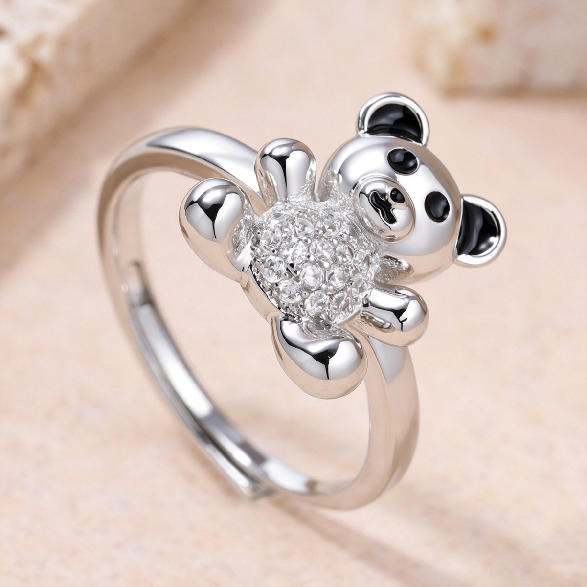 Minimalist Teddy Bear Shaped Open Ring with Synthetic Zirconia