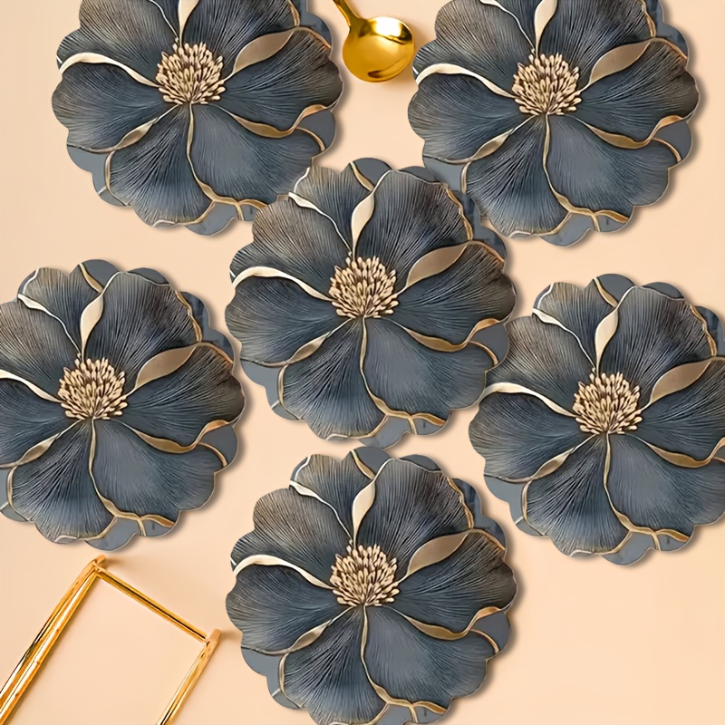 TEMU 6pcs Gray Floral Pattern Round Wooden Coasters, Non-slip And Heat-resistant, Hand Washable, Suitable For Restaurants, Kitchen, Home Decor,