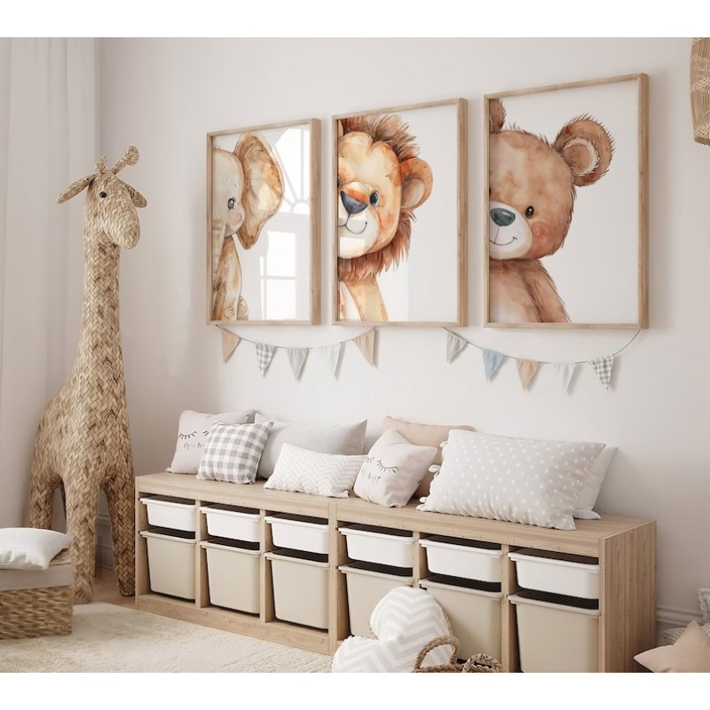 TEMU 3pcs(no Framed Canvas Poster)nursery Wall Art, Prints Set Of 3, Elephant, Bear, Lion, Watercolor Printable, Kids Room Decor