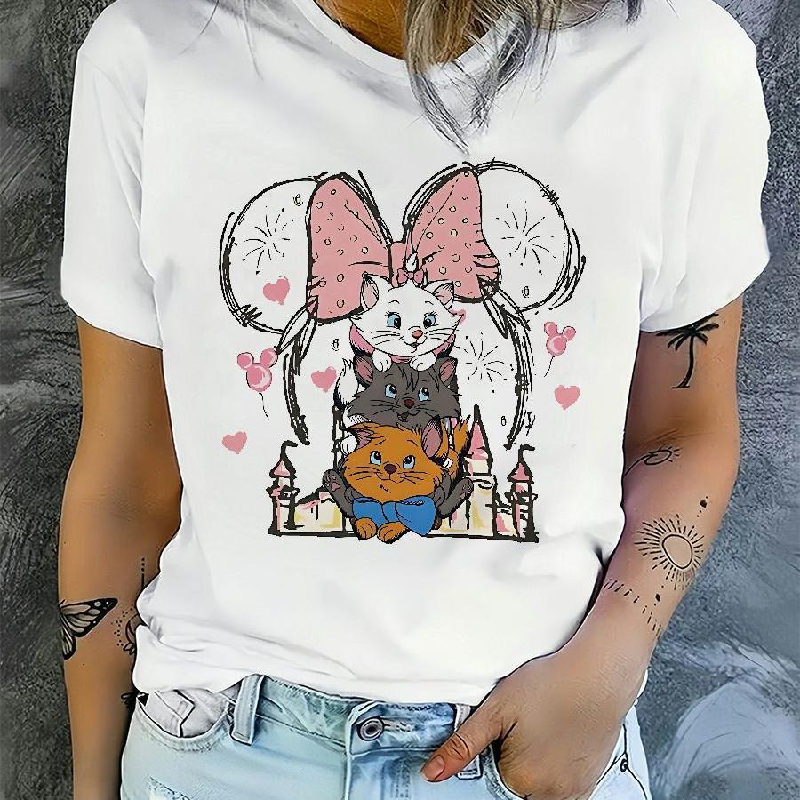 

Cartoon Cats & Hearts Print Women's T-shirt - Casual Round Neck, Short Sleeve, Stretchy Polyester , Spring/summer - Machine Washable, Spring Fashion| Design| Fabric, Cat Tshirt