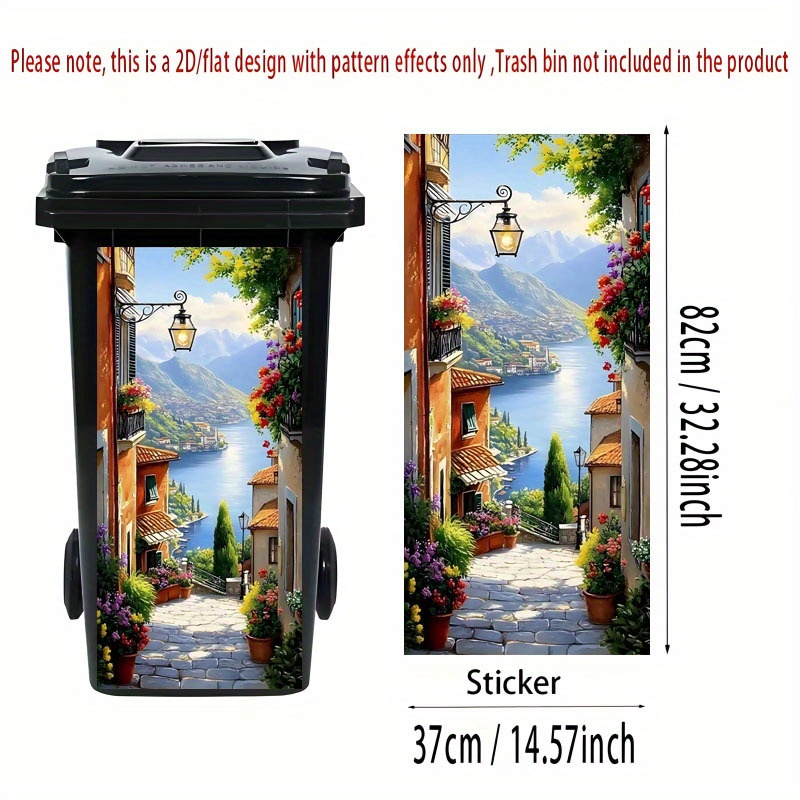 2d Flat Printing 1pc Trash Can Sticker 37×82cm Vibrant River And Mountain Scenery Theme Design Self-adhesive Wallpaper For Kitchen Bin Decoration, Suitable For Trash Cans, Walls, Home Decor, 2d Flat
