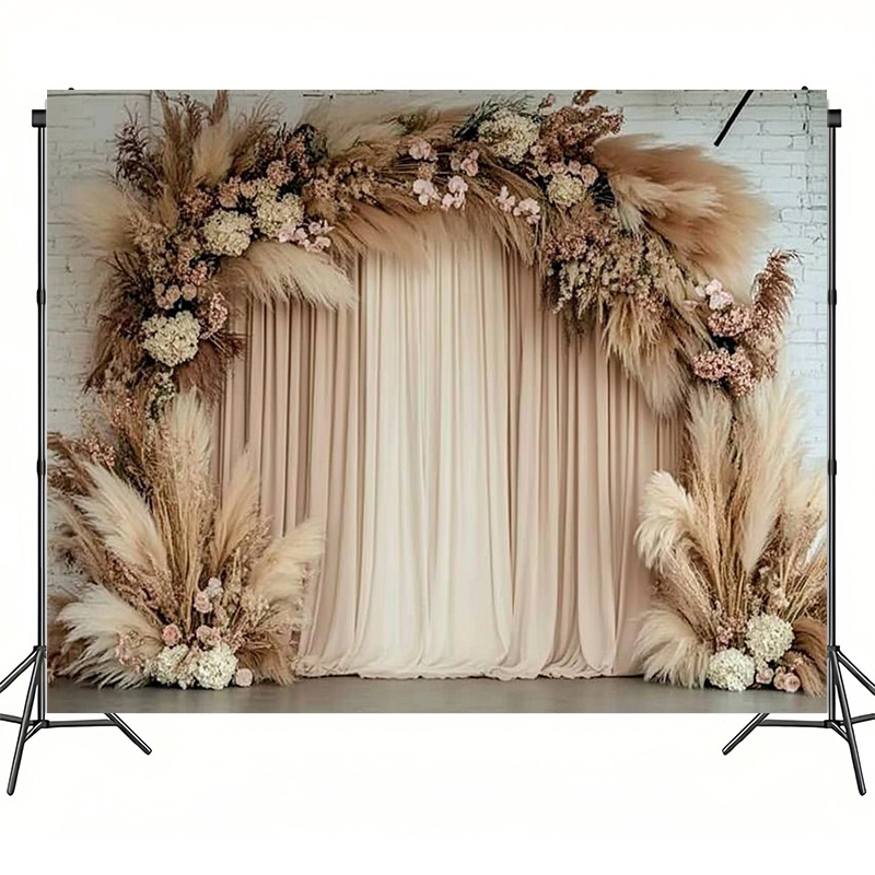 

1pc Bohemian Wedding Backdrop, Large Polyester Wheat-colored Pampas Grass & Floral Arrangement, Indoor & Outdoor Party Banner, Entryway Decor, Home & Studio Prop, Garage Door Hanging Sign