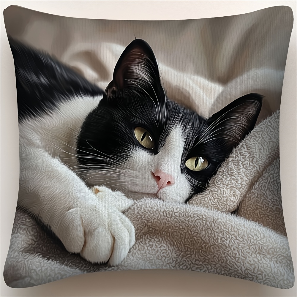 TEMU 1pc Vintage Tuxedo Cat Pillowcase - Made Of Soft And Smooth Polyester Short Plush Fabric, Featuring A Single-sided Print, Zipper Closure, And
