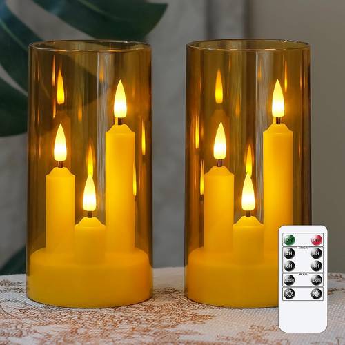 artikel foto 2 stuks 3-in-1 flikkerende vlammeloze led-kaarsen, 3 pit flikkerende simulatiekaarslichten met afstandsbediening & 2/4/6/8 uur timer, op batterijen werkende elektrische kaarslichten voor bruiloft, kerstmis, huis, romantische decoratie (batterijen niet inbegrepen)