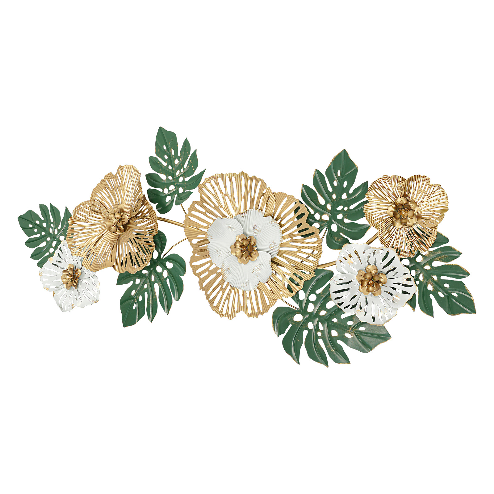 Image of Large Wall Decor 54x22 Inches, 3d Flower Metal Wall Art For Living Room, Retro Vintage Home Decor, Hand-painted For Bedroom, Hallway, Office, Cafe, With Hanging Holes, Elegant Gift For Housewarming