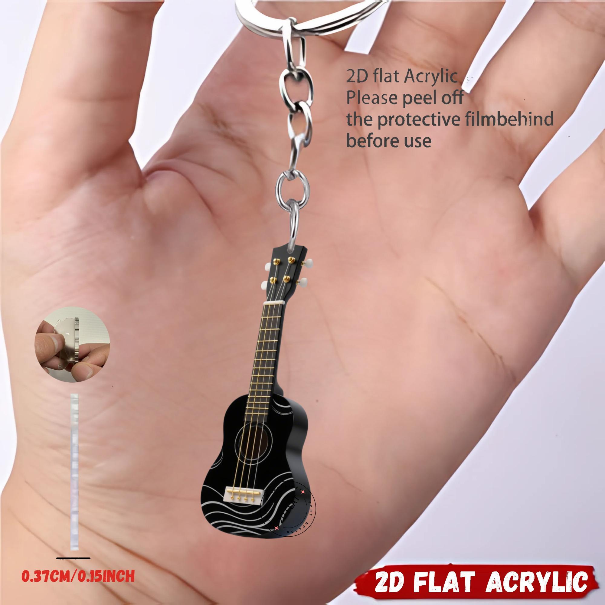 TEMU 2D Platte 1/6 Ukulele Acryl Sleutelhanger, Geschikt voor Rugzakken, Auto's, Vakantiefeesten en Muziekliefhebbers, Het Perfecte Cadeau voor