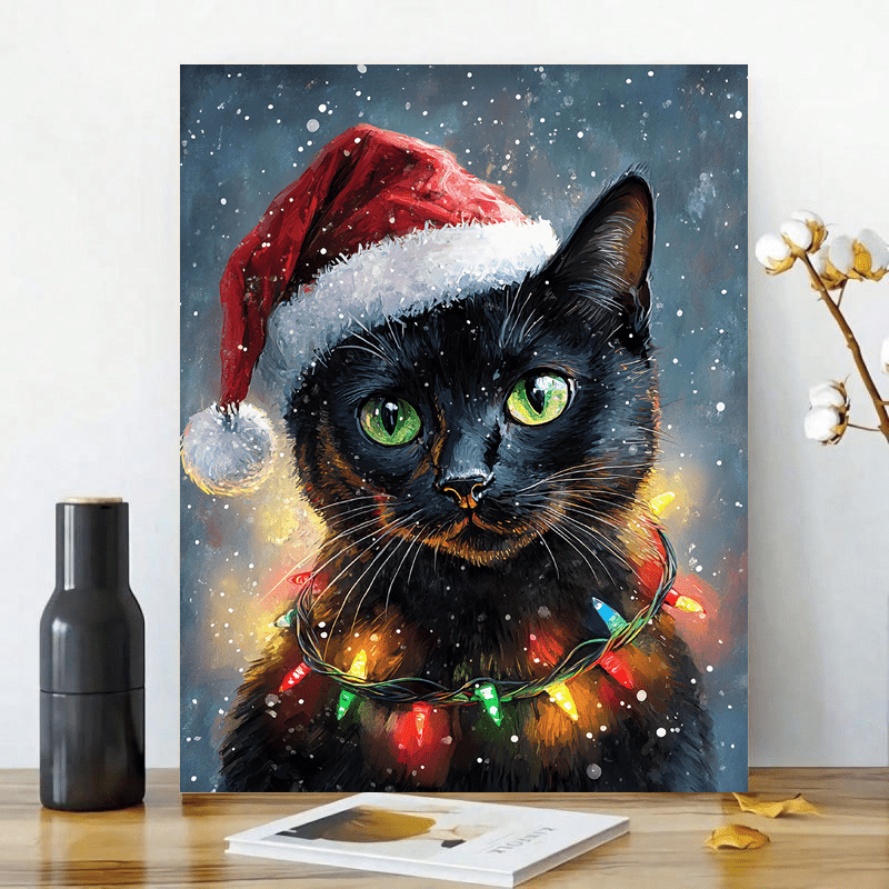 

Black Cat With Green Santa Hat & Christmas Lights - Wooden Canvas Art, Holiday Wall Decor, 11.8x15.7 Inches, Room Decor