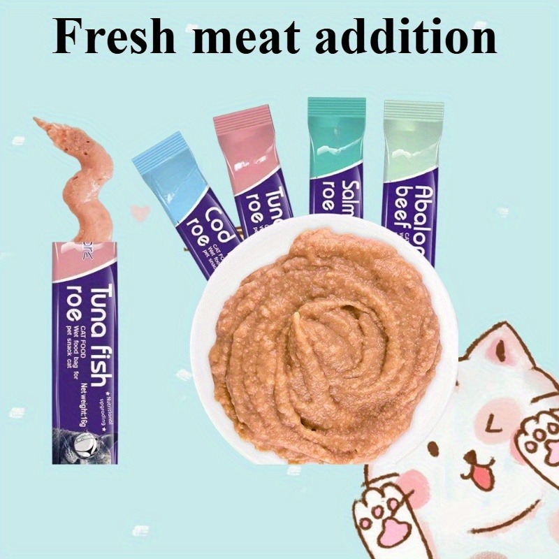 100pcs cat snacks one weighing 0 56oz 16g cat fattening nutrition strip 20 mixed cat strips in each of five flavors chicken egg yolk salmon fish roe cod fish roe abalone beef   roe Product details 11