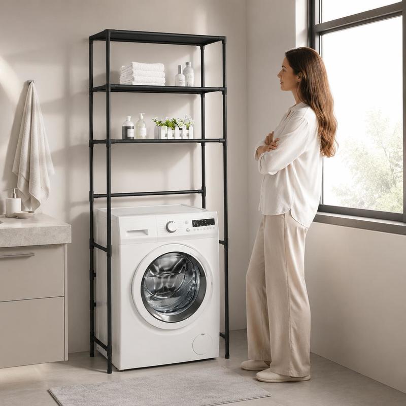 Image of 69x28x169cm Washing Machine Storage Rack, 3-tier Laundry Room Organizer Shelf, Black Over Washer Space Saver, Freestanding Shelving For Bathroom Toilet Area, Shelves