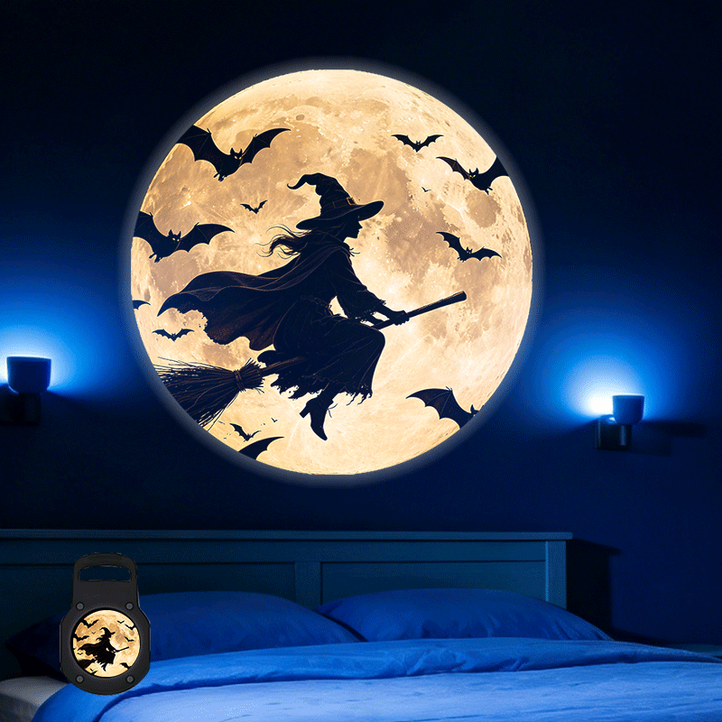 TEMU 2d, 1pc, Halloween Witch Broom Pumpkin Bat Silhouette Theme, Portable Led Pattern-cast Lamp, Usb Interface, 360° Rotatable, Suitable For Use In