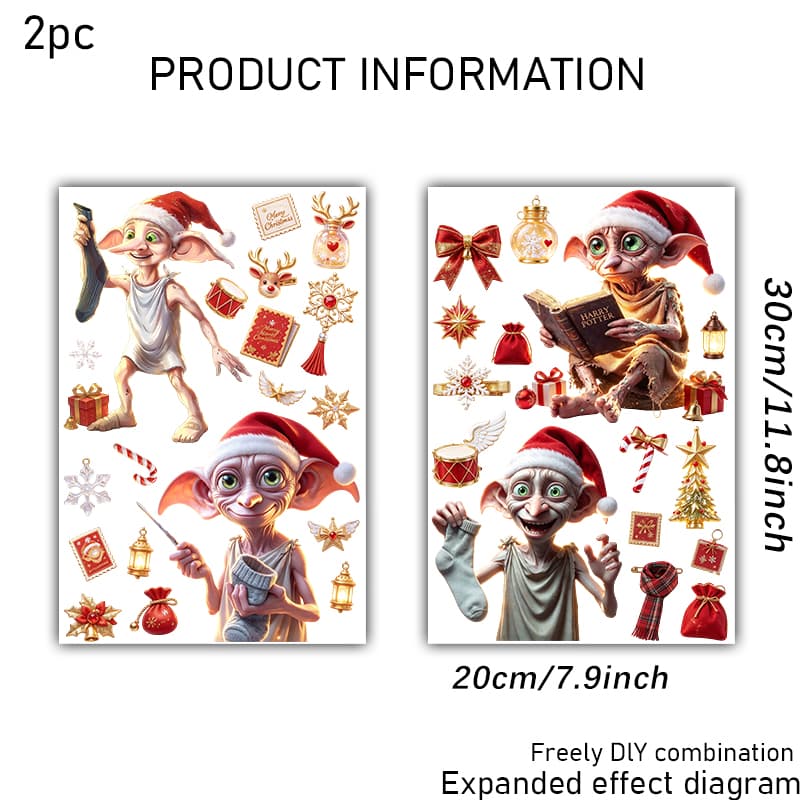 TEMU Warner . 2pcs Set, Wb, Harry Potter Series Christmas And New Year Themed Glass Window Stickers, Double-sided , Multiple Christmas Hat And Dobby