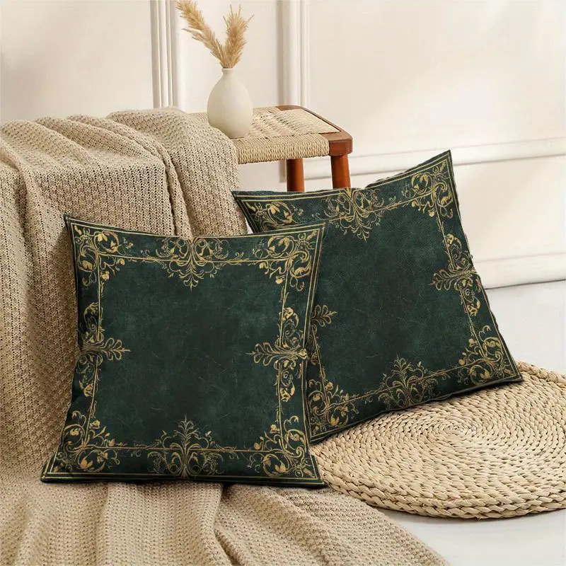 TEMU 2pcs 2d Flat Throw Pillow Covers Luxurious Print On Dark Green Zipper Closure Machine Washable For Living Room Bedroom Office Home Decor