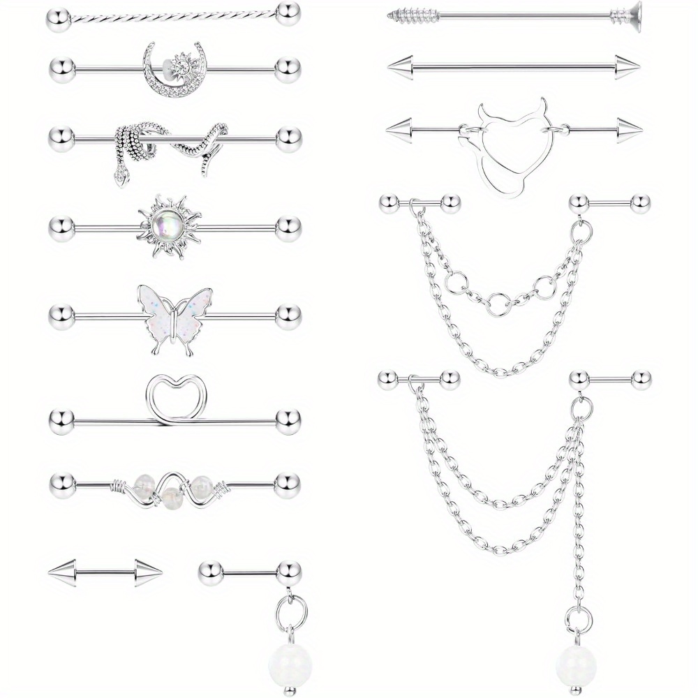 Image of 14pcs Surgical Steel Industrial Bar Piercing Scaffolding Piercing Jewellery Industrial Earrings Piercing Barbell Cartilage Helix Piercing Industrial Piercing Jewellery Golden Silvery
