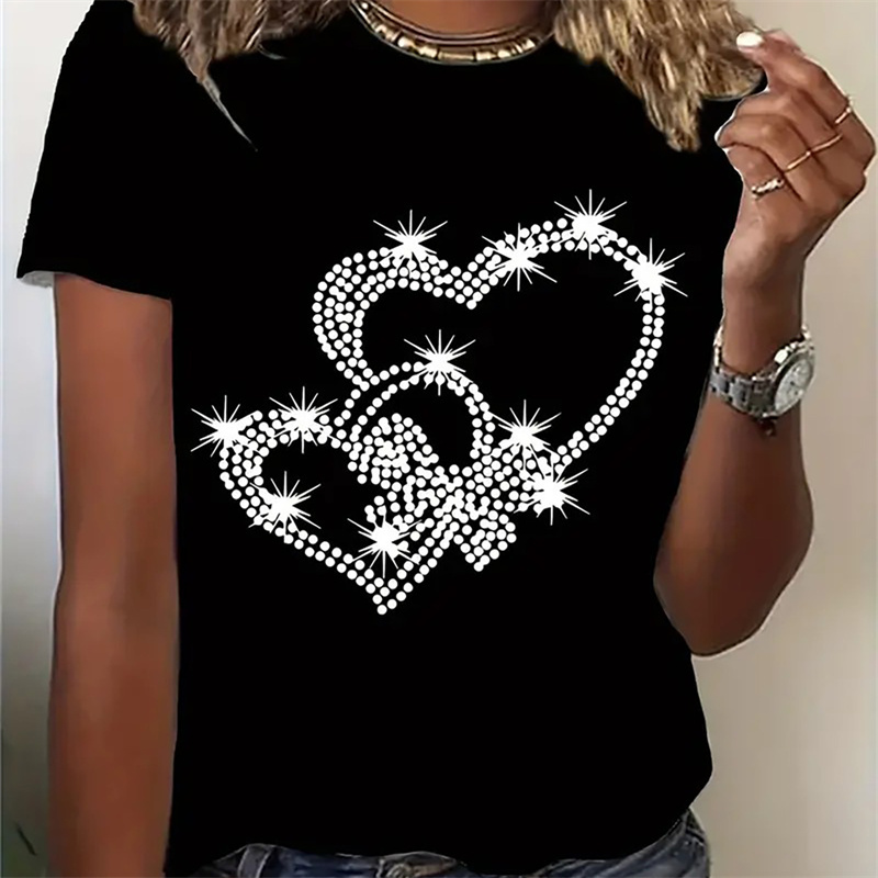 

Women's Casual Floral Rhinestone Heart T-shirt, Polyester 95% Spandex 5% Knit Fabric, Crew Neck, Short Sleeve, Stretch, Regular Length, Fashion Top