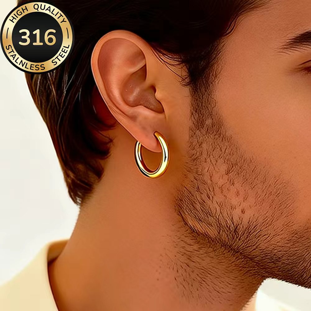 Men's High-Quality 316 Stainless Steel Golden Earrings, Versatile
