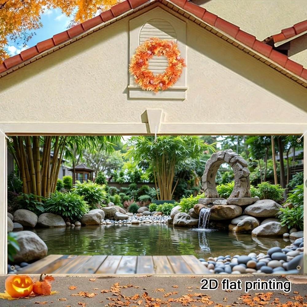 TEMU Garage Banner 2d Flat Printing Banner, Garage Door Banner With Japanese Zen , Bamboo Fountain, , Waterfall Pattern, Suitable For Home, Office,