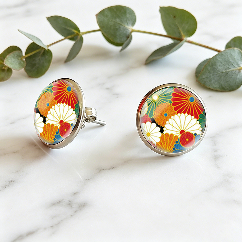 Japanese Floral Pattern Stud Earrings, Fashion Jewelry