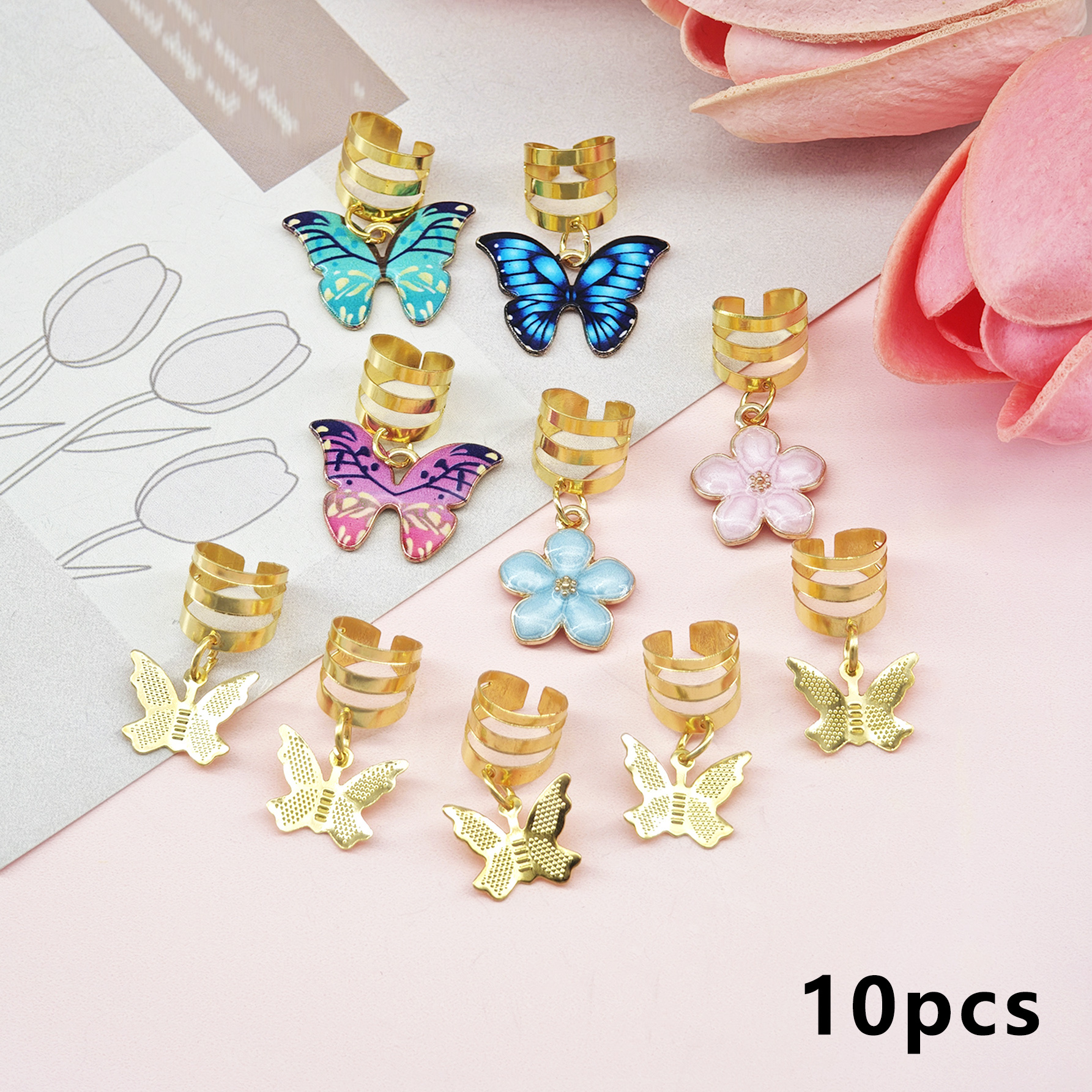 TEMU 10pcs Colorful & Camellia Hair Rings - Elegant Adjustable Hair Cuffs, Romantic Boho Garden Jewelry For Women's Braids & Dreadlocks