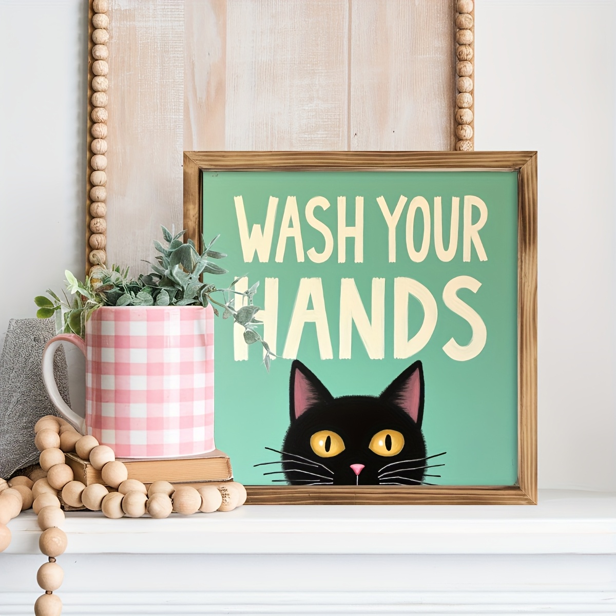 TEMU 1pc Cute Cat Handwashing Sign - Vertical Wooden Wall Decor With Adorable And Handwashing Graphic - Suitable For Bathroom, Laundry Room, Entryway