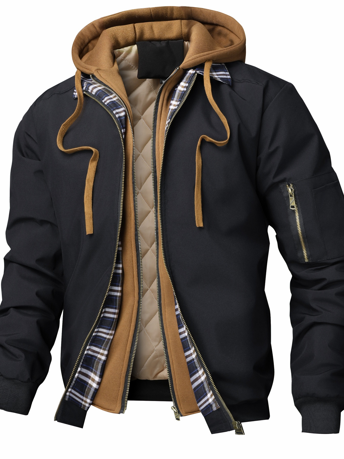 Chaqueta con Capucha de Color Sólido para Hombre - Forro a Cuadros, Cierre con Cremallera y Ajuste Holgado para Primavera/Otoño, 100% Poliéster, Puños Ribeteados y Cuello Alto, Ropa Casual Moderna, Tejido Duradero, Material Ligero, Estilo Urbano