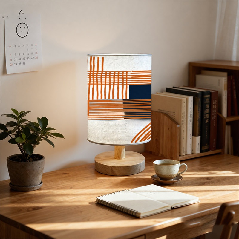 Modern Abstract Orange Blue Geometric Lines Wooden Table Lamp