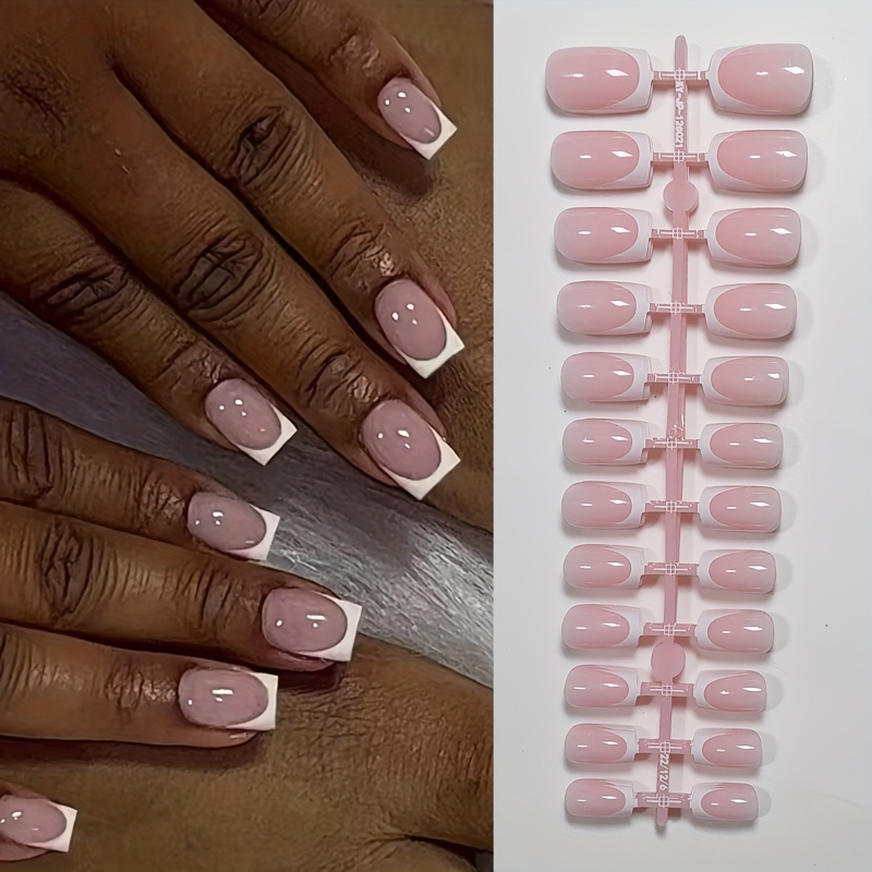 TEMU 48pcs Short Square Press-on Nails Set - Classic Nude & Pink French Manicure With , Glossy Finish False Nails For Diy Home Use - Easy Application