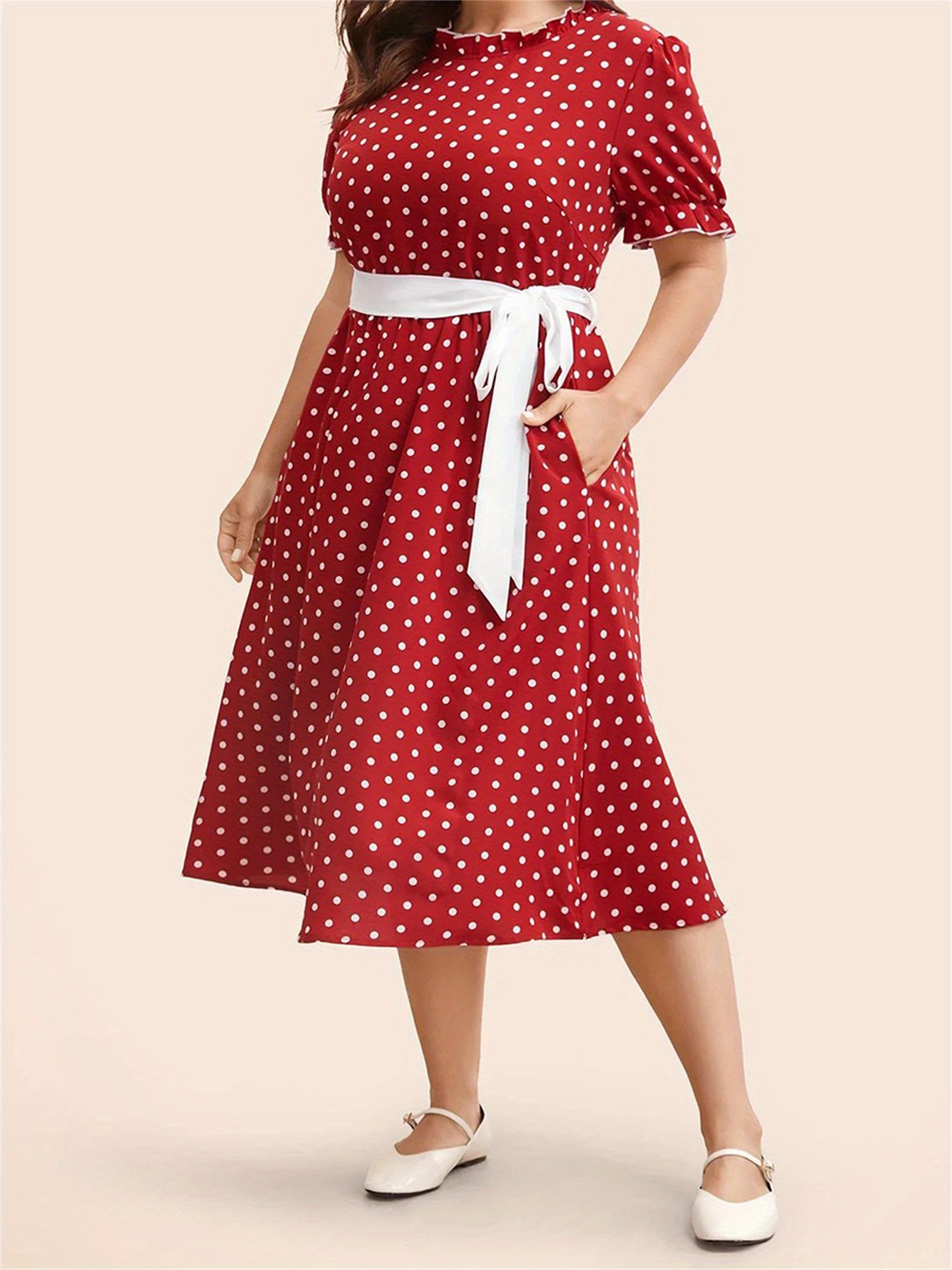 womens a line midi dress dot pattern crew neck waist tie - Temu