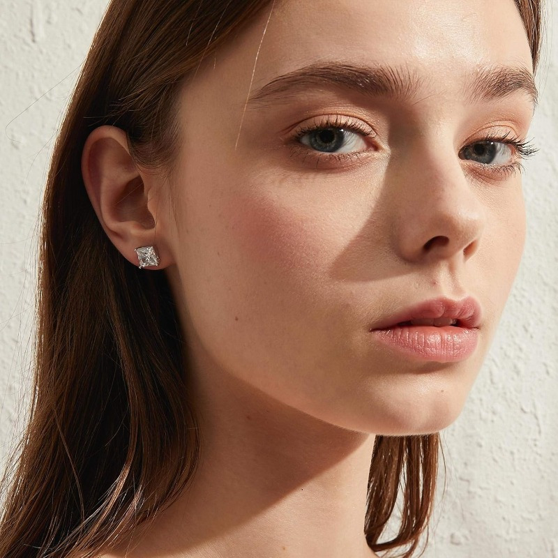 Women's 925 Silver Square Earrings with Princess Cut Design, Elegant Gift