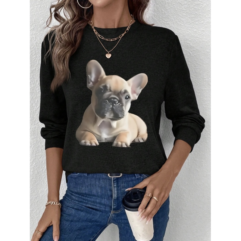 

[1pc Dog Print Long Sleeve T-shirt] 1pc Women's Casual Long Sleeve Dog Print T-shirt, Round Neck Polyester Knit Top With Graphic Design, Regular Length - All Fashion