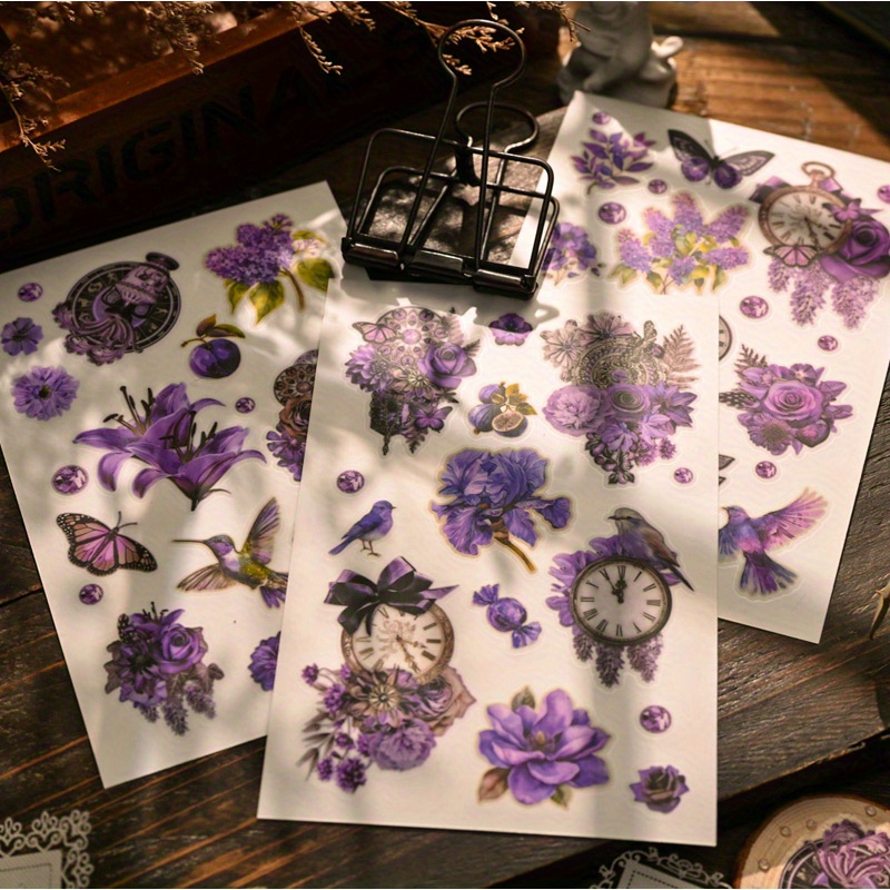 Image of 3 Sheets Vintage Purple Floral Rub-on Stickers - Roses, Lilies, Lavender, Clocks & Birds Illustrations For Journals, Scrapbooks & Card Decoration