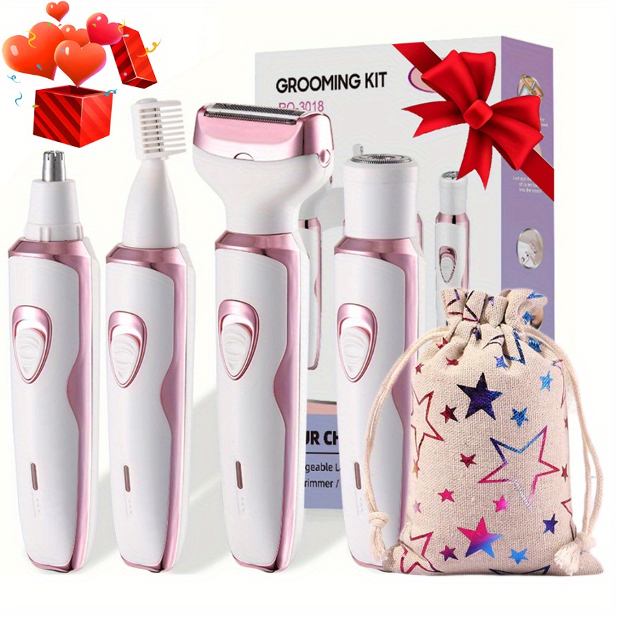 E-shop 4-in-1 Elektrischer Nasenhaar-Rasierer für Frauen mit Zugbeutel, Multifunktionaler Haarentferner, Damenrasierer Set für Gesicht, Nase, Beine,
