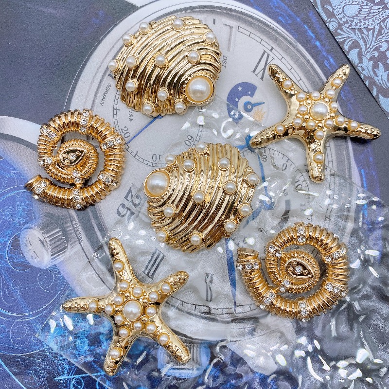 TEMU Lot de 6 boutons décoratifs dorés à coudre à sur le thème de l'océan, avec perles et strass, ornés de , et de mer, kit de bricolage de style