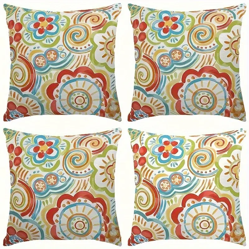 4pcs retro geometric floral print pillow covers double sided 2d printed soft plush cushion covers with zipper closure machine washable multiple sizes for living room bedroom sofa decor decorative pillow covers bedroom accessories accents durable fabric covers 2d flat Product details 0