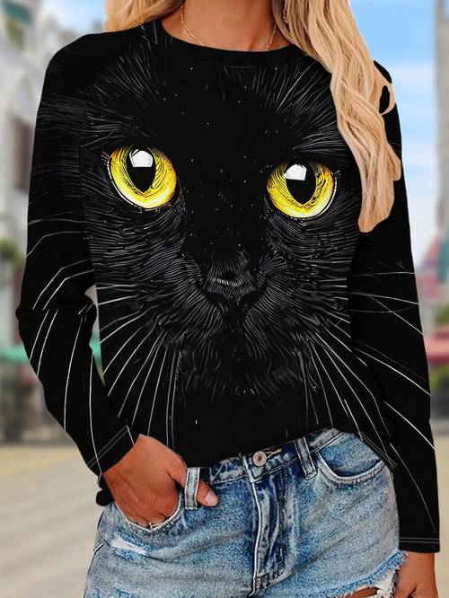 objektbild snygg långärmad t-shirt för dam med svart katttryck. denna avslappnade toppen är tillverkad av ventilerande och bekvämt tyg, vilket gör den till en mångsidig baslager. det är en nyhet för vår och höst, kan tvättas i maskin.
