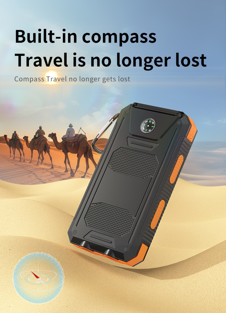 20000mAh Portable Solar Power Bank, Portable Solar Mobile Phone Charger, Camping External Battery Charger for Mobile Phones, for iPhone,, Android Portable Charger, 2 USB/ LED Flashlights with Compass for Outdoor Activities