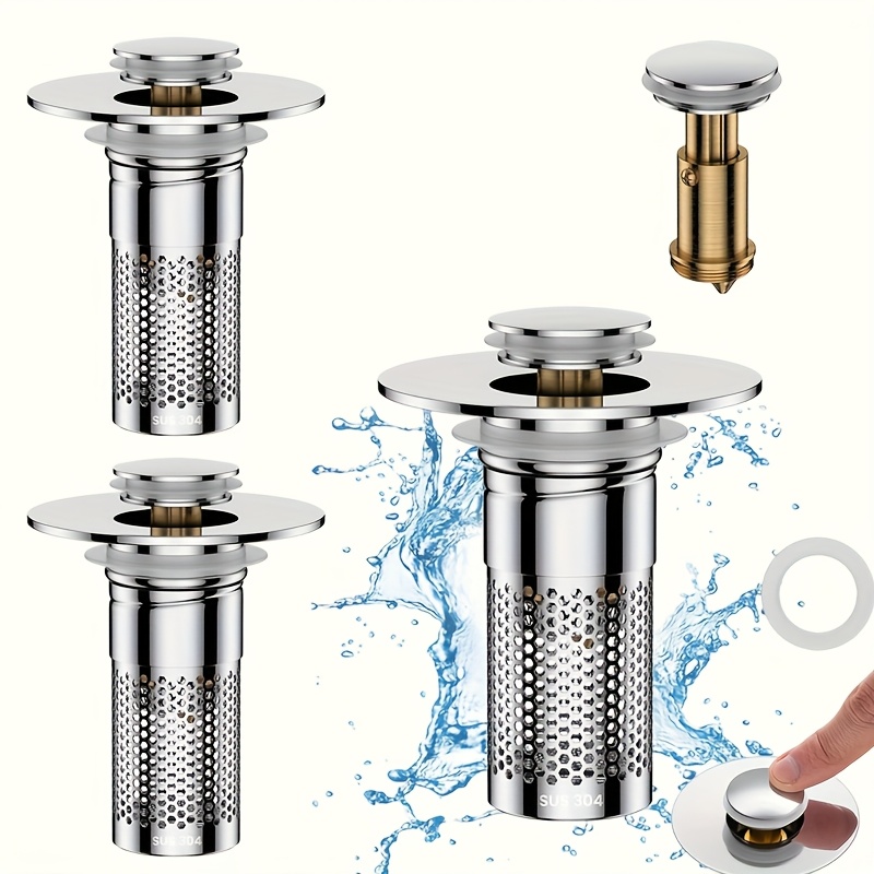 TEMU 3-pack Heavy Duty 304 Stainless Steel Sink Strainer With Pop-up Drain Plug - Suitable For 1.1"-1.45" Drainage, Easy-to-install Bathroom And Sink