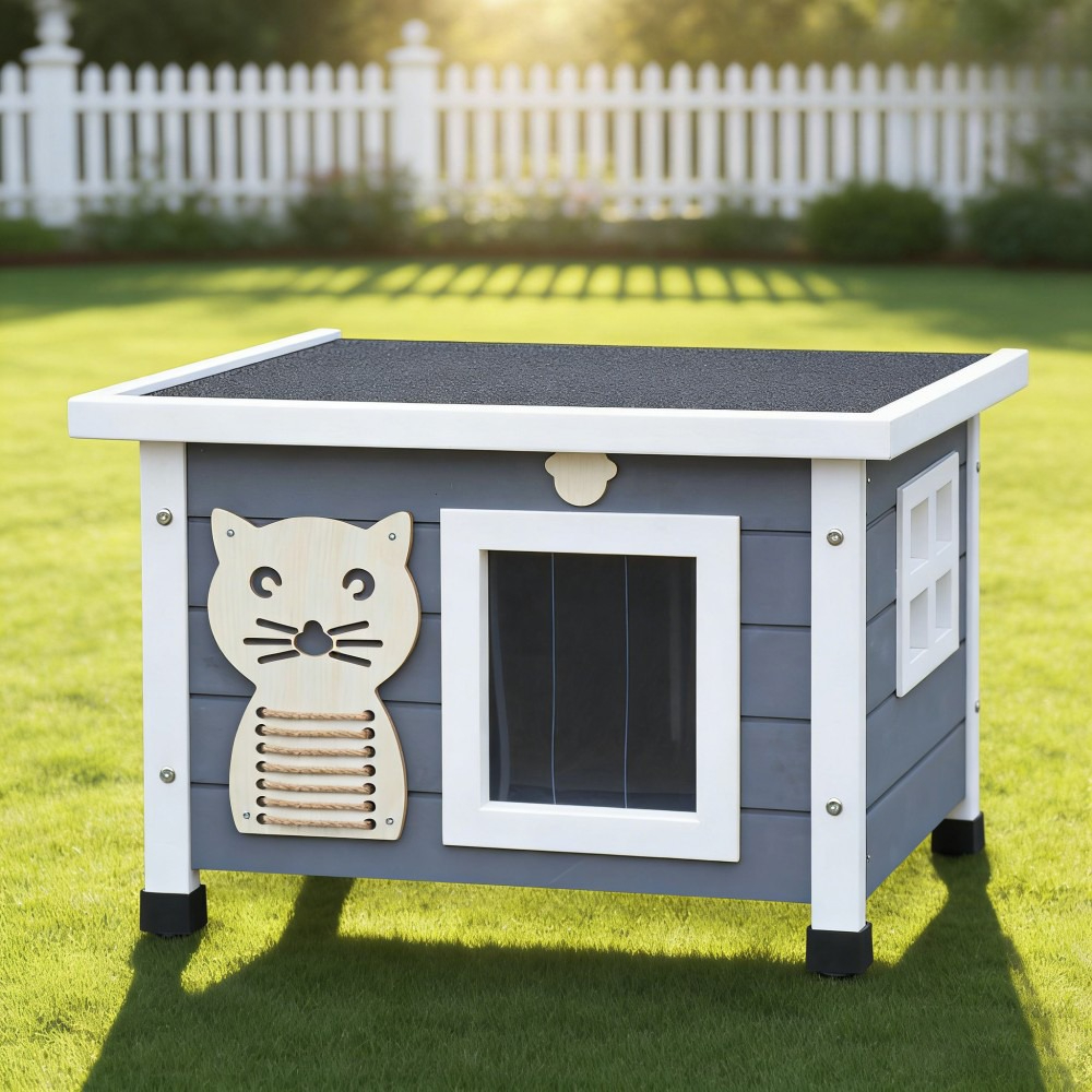 High-quality Cat Shelter Featuring A Roof That , Windows, And A Swinging Door, Equipped With A Sisal Scratching Pad. Designed To Be Weather-resistant For Use In Gardens, , And As An Indoor Or Outdoor