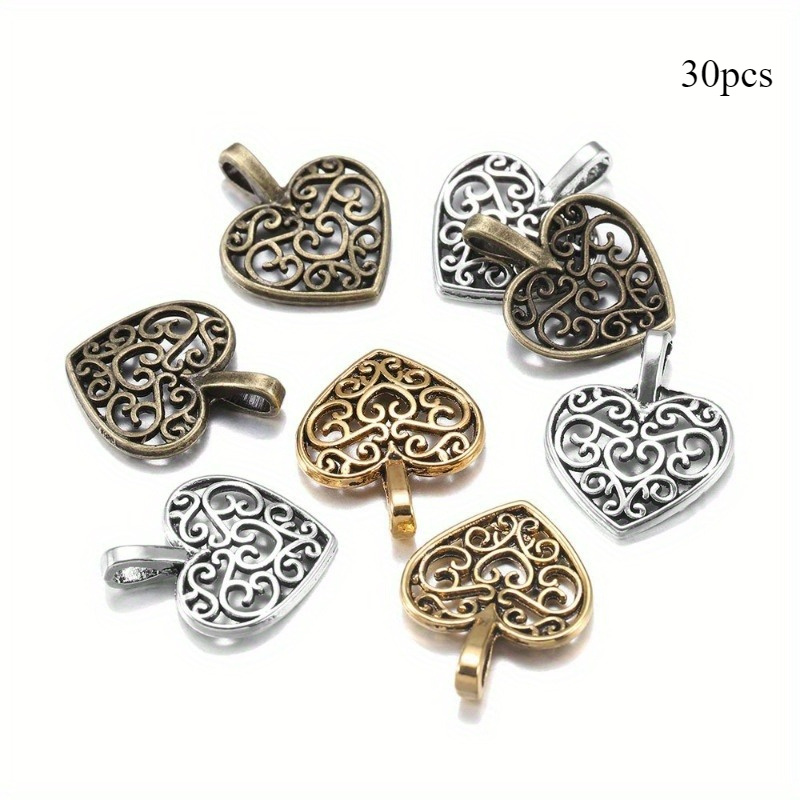 Image of 30pcs Of Vintage-style Antique Bronze And Silvery-colored Hollow Love Heart Charms, Perfect For Elegant Handmade Jewelry Such As Necklaces, Bracelets, Earrings, And Bag Additions
